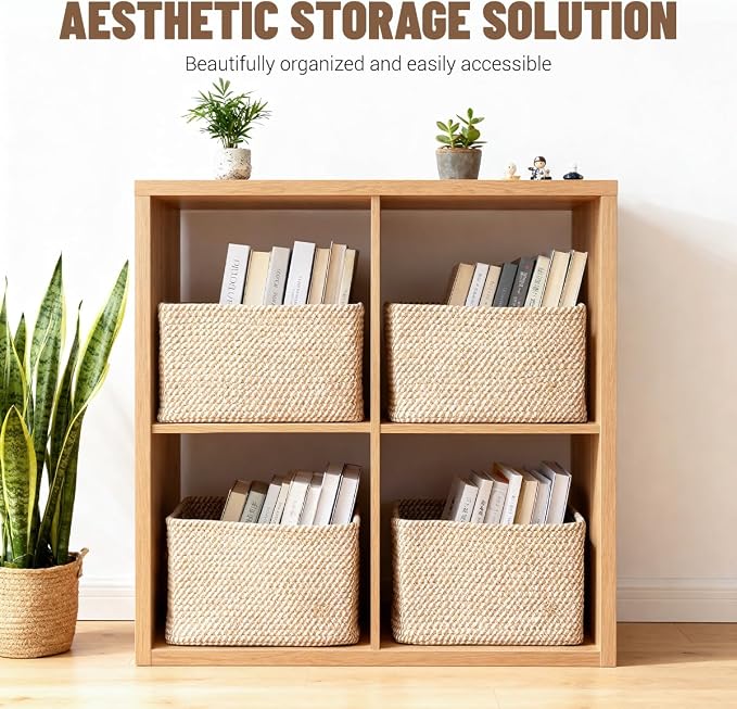 5 Pack Woven Storage Baskets, Decorative Storage Bins for Organizing | 13.8'' × 9.8'' × 7.9'', Cotton Rope Basket Organizer for Closet, Shelves, bathroom, Nursery, Toys, Books, Pantry, Khaki