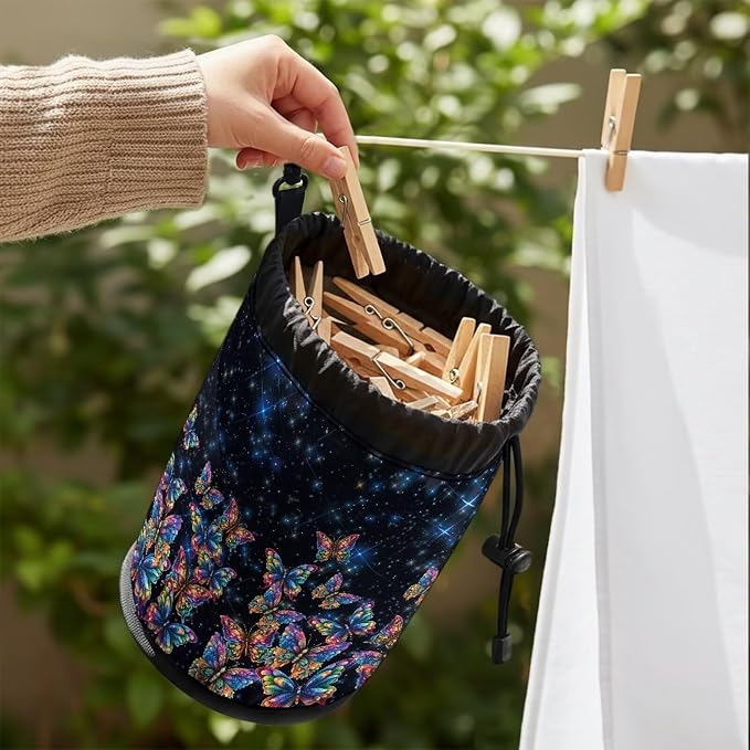 Rainbow Butterfly Clothespin Bag Holder Outside, Hanging Clothes Pin Bag with Drawstring Closure, Large-Capacity Clothespin Storage Organizer with Hooks