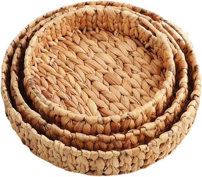 Wicker Storage Baskets Set of 3 Round 15'' x 15'' x 3'' | Hand-Woven Natural Water Hyacinth Storage Baskets Stackable Pantry Organizers and Storage for Shelves Bathroom Kitchen