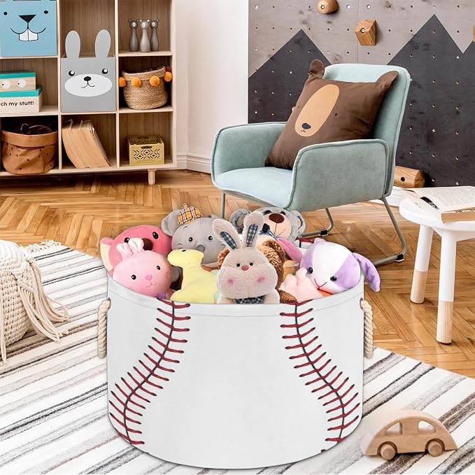 Storage Baskets - Large Nursery Organizer Bin Box with Handles Collapsible Round Baseball Sports Laundry Hamper for Kids Boy Toys Pet Blanket, Bedroom Living Room Home Decor Gift Basket (19.4"x13.3")
