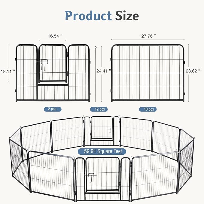 DUMOS Dog Playpen 24 Inch 12 Panels Indoor Outdoor Metal Pet Fence | Foldable Dog Play Pen with Door, Portable Exercise, RV Camping, Puppy Small Dogs