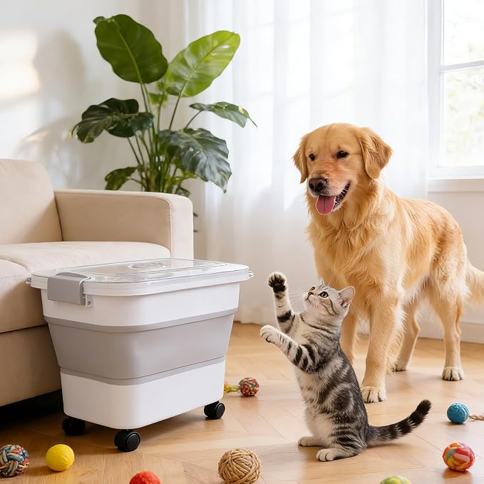 Dog Food Storage Container 25-30lbs, Airtight Pet Food Bin with Transparent Lid, Collapsible Design with Rolling Wheels & Scoop, Space-Saving, Light Gray