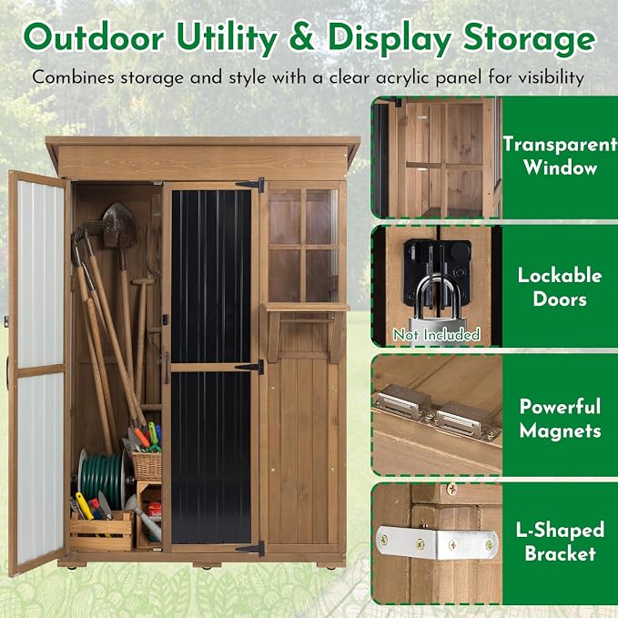 Ketive Outdoor Storage Cabinet, Large Wood & Metal Garden Shed with Foldable Table, Weather-Resistant Asphalt Roof, Lockable Doors & Adjustable Feet for Patio, Backyard, or Garage (47"L x 20"W x 70"H)