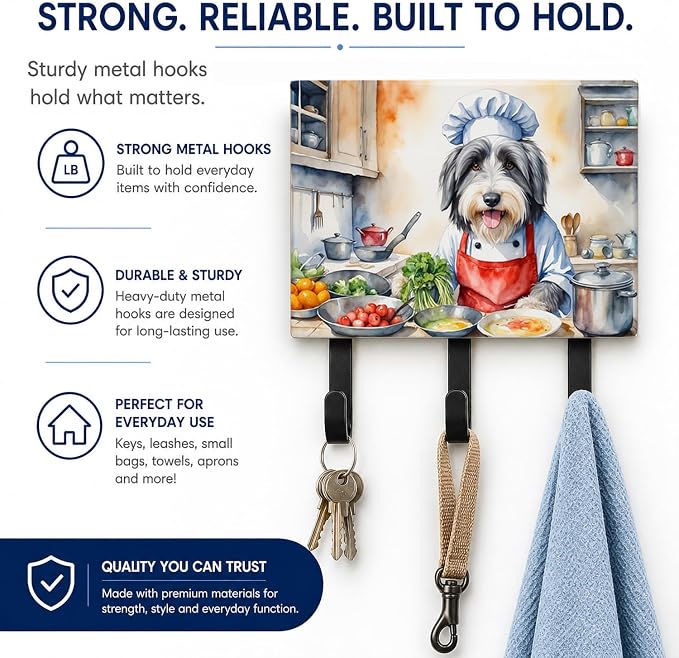 Caroline's Treasures Bearded Collie The Chef Leash or Key Holder Wall Hooks, Key Hooks Holder, Coat Rack Wall Mount, Coat Hooks, Hooks for Hanging Keys, Towels, Aprons, Leashes | Bearded Collie The Chef artwork on ceramic tile with three steel hooks fo...