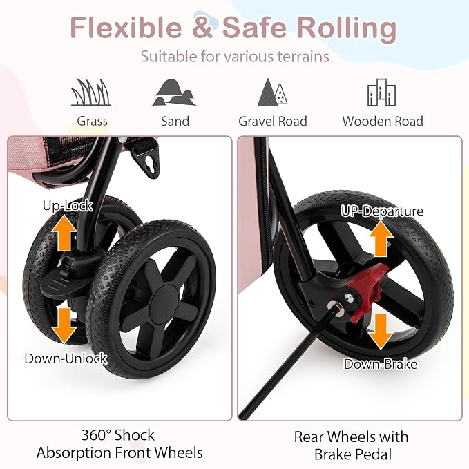 Giantex Double Pet Stroller with 2 Detachable Carrier Bags, Safety Belt, 4 Lockable Wheels, Folding Cat & Dog Stroller for Small Medium Pets, Cats Dogs Puppy Travel Strolling Cart (Pink)