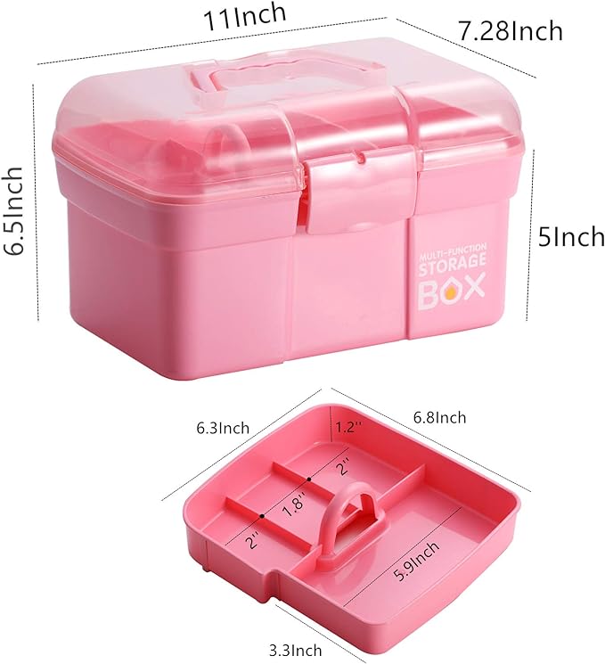 Kinsorcai 11'' Plastic Storage Box with Removable Tray, Multipurpose Organizer and Storage Case for Art Craft and Cosmetic (Pink)