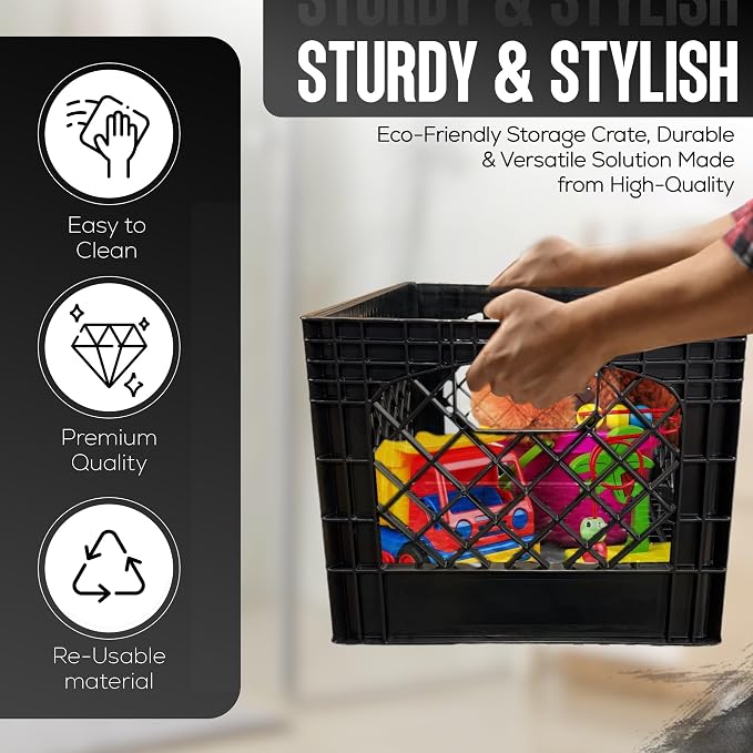 24QT Heavy Duty Plastic Milk Crate, Stackable Storage Bins for Freezer Storage and Travel Groceries — Heavy Duty Organizing Crate for Garage, Camping Supplies, Gardening Tools and Books (Black)