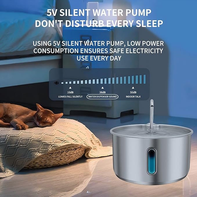 135oz/4L 304 Stainless Steel Cat Water Fountain for Cats & Dogs – LED Window with Blue/Red Alerts, Ultra-Quiet 38dB Pump, Auto Shut-Off, Night Light, Indoor Pet Water Dispenser