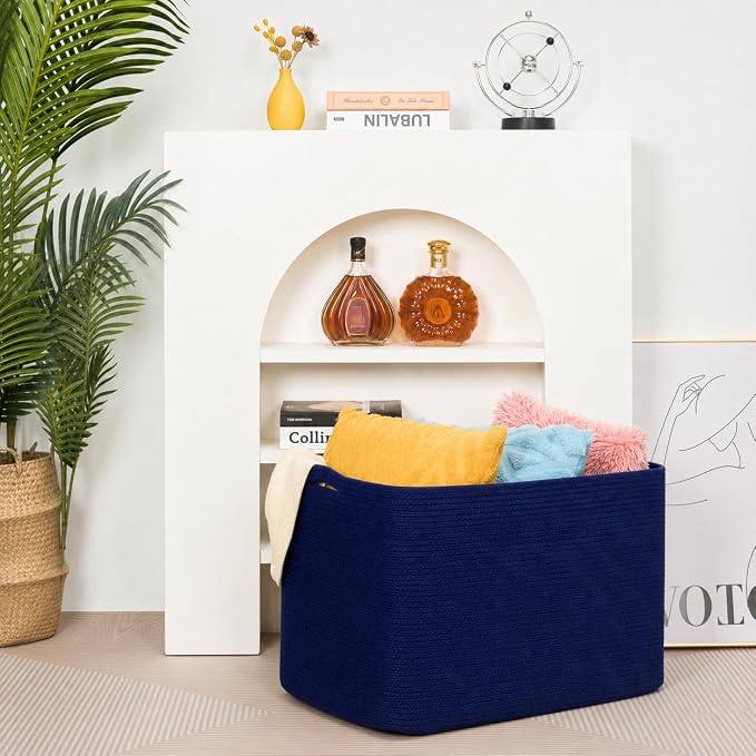 112L Extra Large Blanket Basket Holder Living Room, 25"x17"x16" Rectangle Rope Woven Storage Basket with Handles for Laundry, Towels, Shoes, Dog Toy Organizer Bin Box, Full Navy