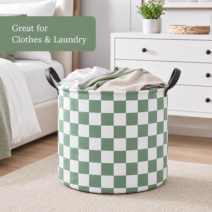 MAIZMZ 3 Pack Sage Checkered Storage Baskets Kids Hamper,Girls Room Decor,15.7"D x13.3"H, Waterproof Lining,Collapsible for Laundry, Toys, Clothes, Gift Set