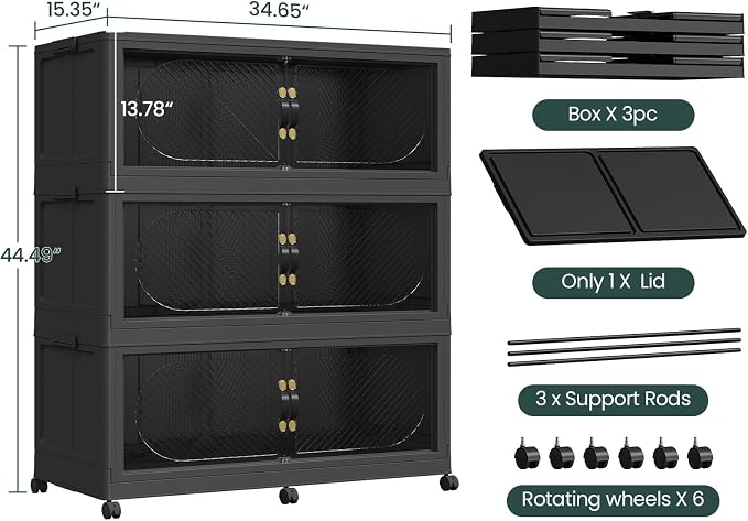 180GAL Plastic Storage Bins with Lid, 720QT Extra Large Stackable Closet Organizers and Storage, Collapsible Storage Boxes with Wheels, Folding Cabinet for Home Kitchen Office, 3Pack Black
