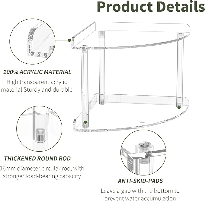 Sezanrpt 2 Tier Acrylic Corner Shelf Organizer Storage 9.5x9.5x8 Inch, Transparent Countertop Corner Shelf for Bathroom, Kitchen, Bedroom, Office, Study Room