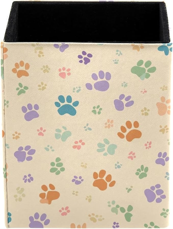Pet Paws Pen Holder for Desk Decor, Rectangular PVC Leather Pencil Cup for Desk Pen Organizer, Makeup Brush Holder for School, Home, Office