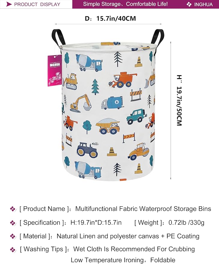 Laundry Hamper Large Canvas Fabric Storage Basket Vehicles | Organizer Bin Dirty Clothes Collapsible Waterproof for College Dorms, Boys and Girls Bedroom,Bathroom