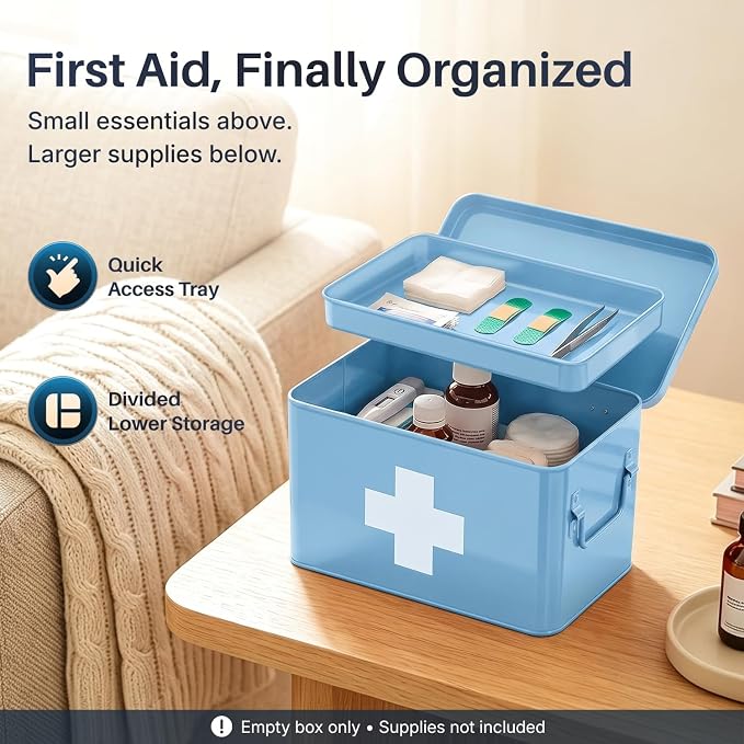 Flexzion Large Metal First Aid Box Empty, 8.5-Inch, Blue with White Cross | Vintage Medicine Box and First Aid Storage Organizer with Removable Tray and Dividers; Empty Box Only, Supplies Not Included