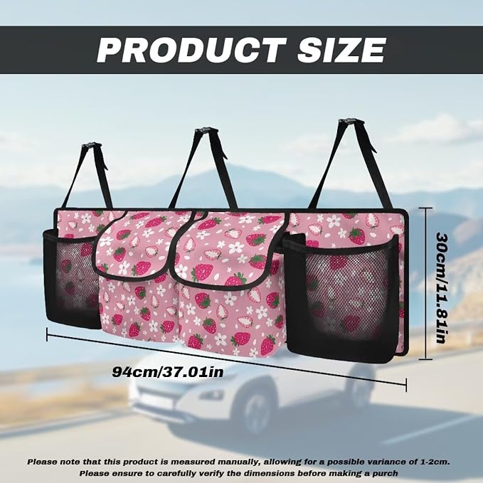Dreaweet Strawberry Trunk Organizer for Car Women Cute Car Storage Accessories Interior Car Trunk Organizer Back Seat Hanging Storage with 4 Large Pockets,Hanging Trunk Organizer for SUV Car Sedan