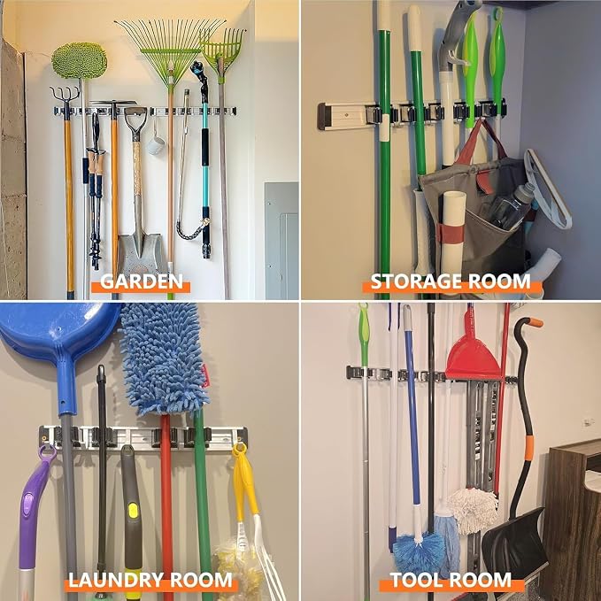 reliahom Broom Holder Wall Mount Mop Hanger Tools organizer 4Racks 5Hooks | Adjustable Mop Broom Wall Hanging Heavy duty Tools Storage Rack Space-saving for Garage,Kitchen,Laundry Room,Garden, Black