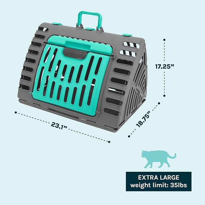 SportPet X-Large Hard-Sided Travel Cat Carrier - Cat Carrier with Patented Wide Side-Opening Door, Foldable Portable Pet Carrier for Cats & Small Pets up to 35lbs - Dark Gray/Teal