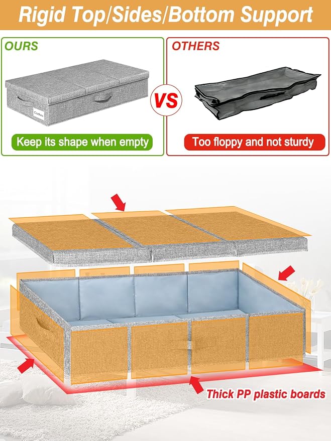 punemi 6 in Tall Under Bed Storage Containers with Lids, 2 Pack, Grey | Stackable Design, Sturdy 3 Handles, for Blankets, Clothes, Comforters & Toys, Underbed & Closet Organization