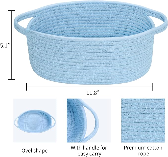 ABenkle Small Basket with Handles, Boho Decorative Rope Woven Dog Cat Toy Storage Bin Shelf Storage Organizer, Easter Christmas Gift Basket, 12"x8"x5", Blue