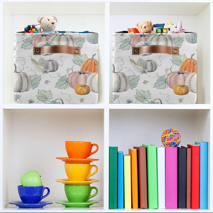 Fall Pumpkin Storage Basket Fabric Kitchen Baskets Autumn Maple Leaves Open Home Storage Bins Boxes Foldable Organizer Bag for Baby Cloth Pet Toy Book Shelf Closet Baskets 2 Pack 16×12×8 Inches