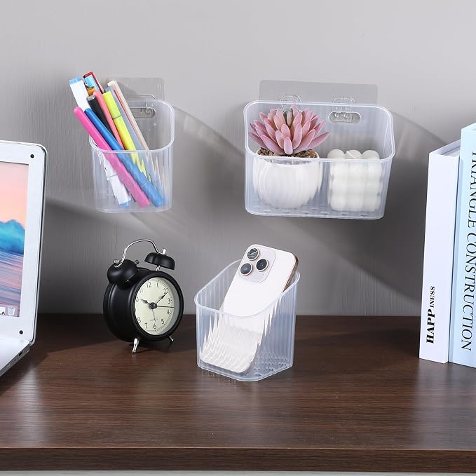 Clear Wall Basket, Wall Mounted Storage Bins, 8 Pcs | Plastic Cabinet Door Organizer Shower Caddy with Self-Adhesive Hanger, Containers Box for Bathroom Kitchen Pantry Countertop