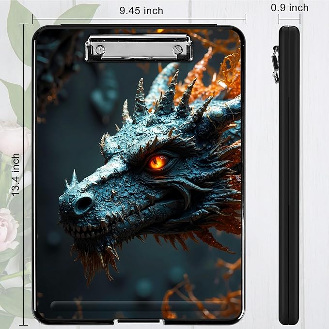 Heavy Duty Storage Clipboard, Slim Nursing Clipboard with Internal Pen Case, Portable File Organizer Case for A4 Letter Size Paper Office Medical Professionals, Forest Grey Dragon