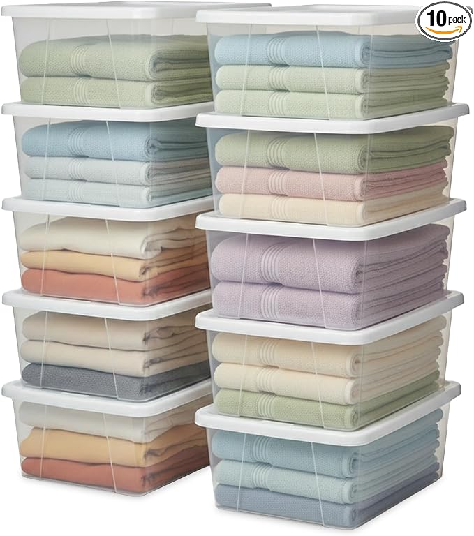 HOMZ Clear Plastic Storage Bins w/Snaplock Lids, 6 Qt, White, 10 Pack | Stackable Container Set for Home, Office Shelves, Kitchen, Garage, and Bathroom Organization