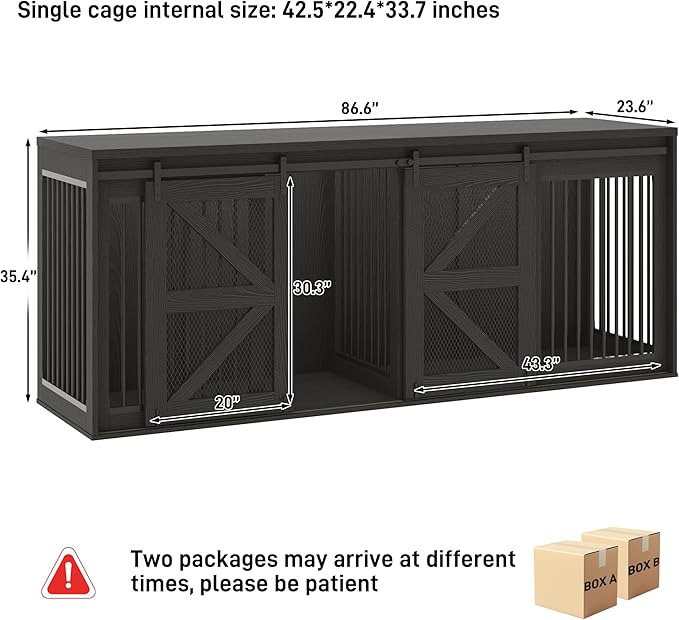 jiteentarou87In Farmhouse Dog Crate TV Stand, Wooden Dog Kennel Furniture with Sliding Metal Mesh Barn Door, Large Dog Crate Furniture for 2 Dogs, Solid Metal Tube & 2 Lockable Doors, Wood Grain Black