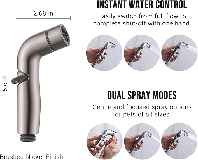 G-Promise Dog Shower Sprayer Attachment for Fast and Clean Pet Showering, Multifunctional Shower, Metal Diverter, 159 Inch Extra Long Hose, No Drill Hook, Dog Washing-Bathroom (Brushed Nickel)