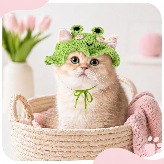 2Pcs Crochet Cat Hats Knit Cat Hat Strawberry and Frog Hat (Red, Green) | Cute Knit Cat, Soft, With adjustable cord, Handmade Crochet Cats Clothes, for Puppy Kitten, Christmas Party Costume Accessory