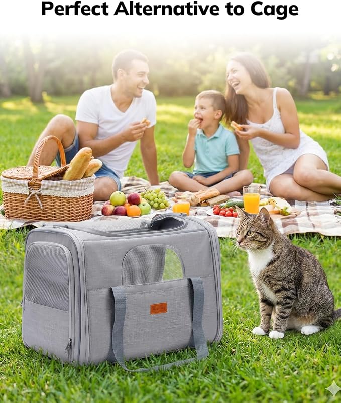 Morpilot Cat Carrier Soft for Large Medium Cats and Puppy up to 18lbs | with Dual-Sided Cushion, Secure Buckle and Foldable Bowl, Dog Carriers for Small Dogs - Pet Carrier (Light Gray)