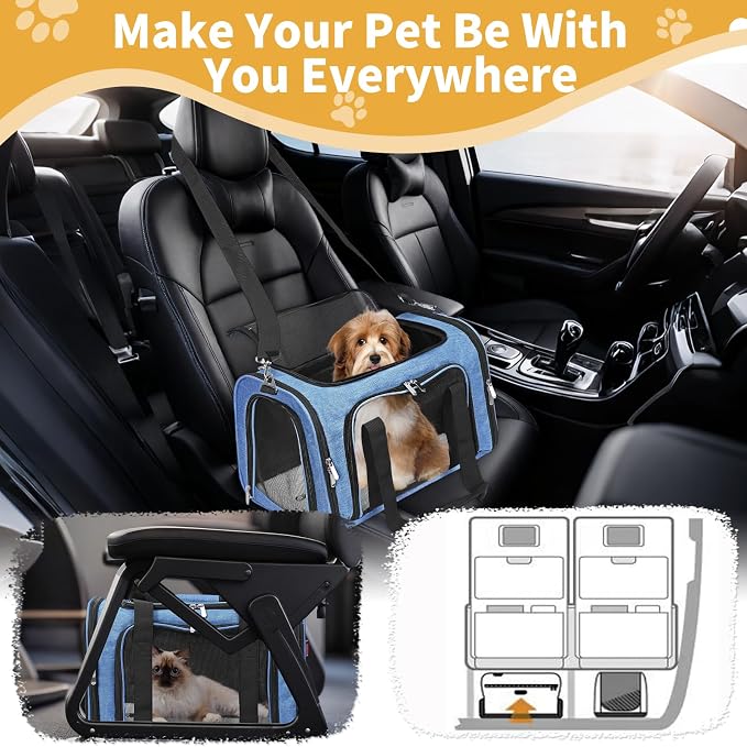 Soft-Sided Cat/Dog/Pet Carrier, Collapsible Pets Travel Carriers | for Big Cats/Small Dogs with Shoulder Strap & Removable Mat, Mesh Puppy Carry Bag, Up to 16 Lbs, TSA Airline Approved(Blue)