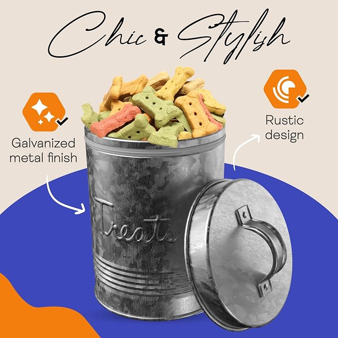 Amici Pet, Retro Treats Galvanized Relief Lettering Metal Storage Canister, Food Safe, Push Top, 72 Ounces (Pack of 2)