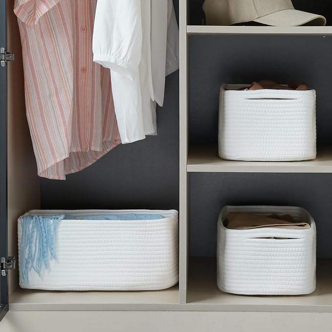 3 Pack Small Storage Baskets for Organizing, 11.8×7.8×5.1", White | Woven Baskets for shelves, Cotton Rope Basket for Gifts Empty, Closet Organizer Bins with Handles, Cube Decorative Box