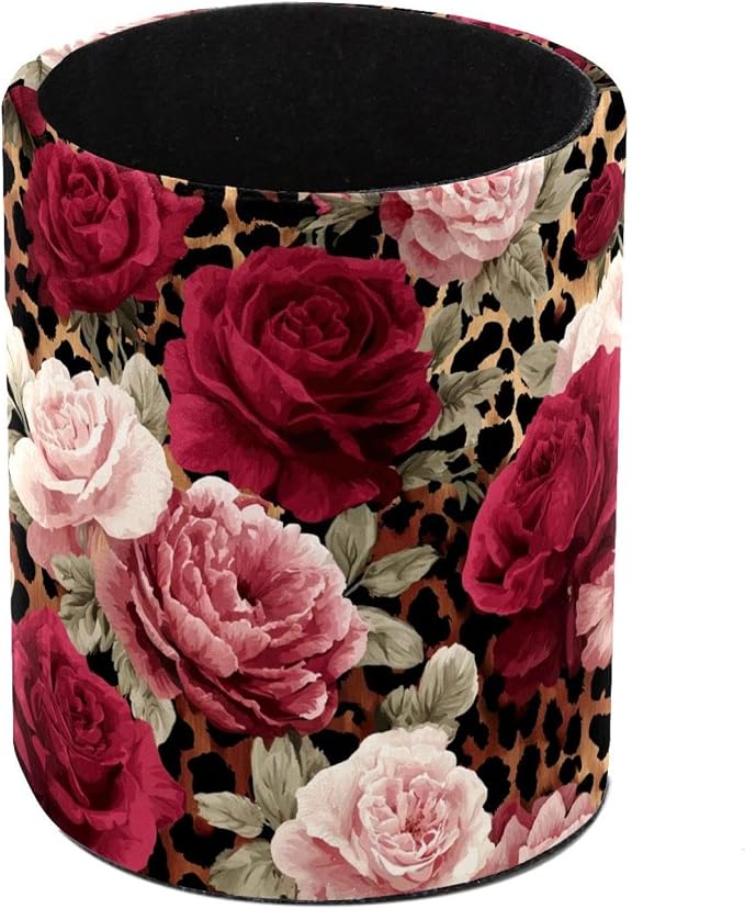 Faux Leather Pen Holder for Desk, Pencil Organizer Leopard Print and Roses Pen Cup Desk Decor Makeup Brush Holder Storage for Office Home