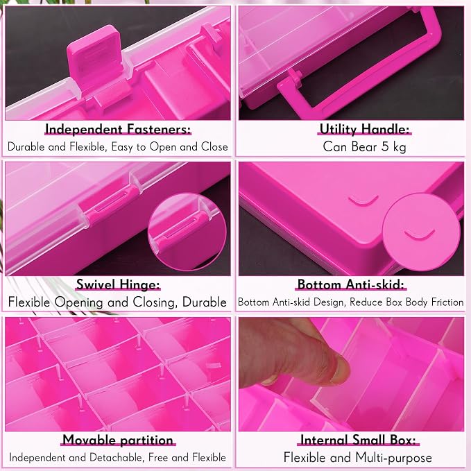 Juexica 2 Pcs 48 Grids Plastic Bead Organizer Box with Divider, Pink