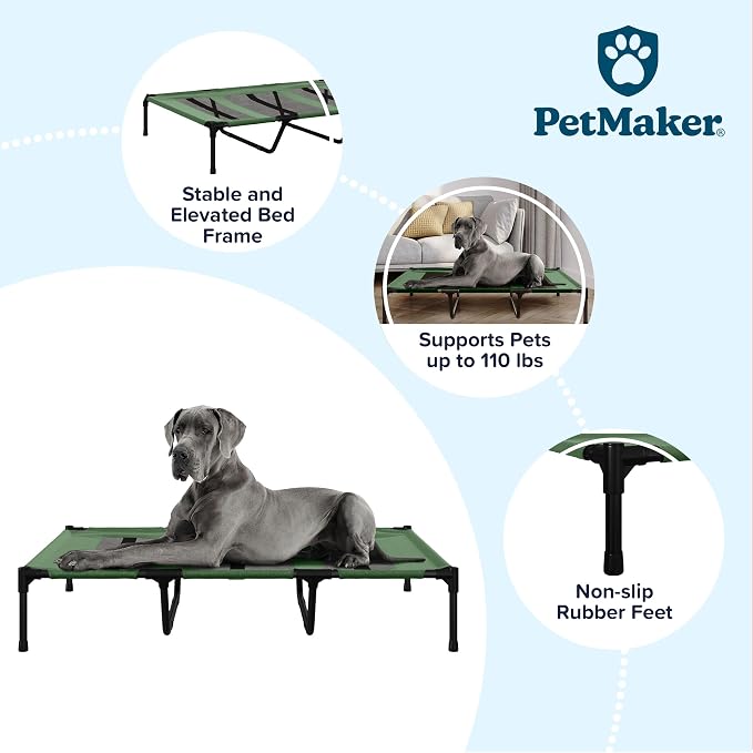 Elevated Dog Bed - 48x35.5-Inch Portable Pet Bed with Non-Slip Feet - Indoor/Outdoor Dog Bed or Puppy Cot for Pets up to 110lbs by PETMAKER (Green)