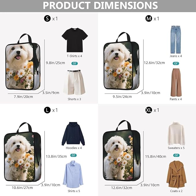 Adorable Maltese With Flowers Dog Compression Packing Cubes Set Of 4, Lightweight Expandable Travel Organizer Bags With Double Zipper For Vacation Business
