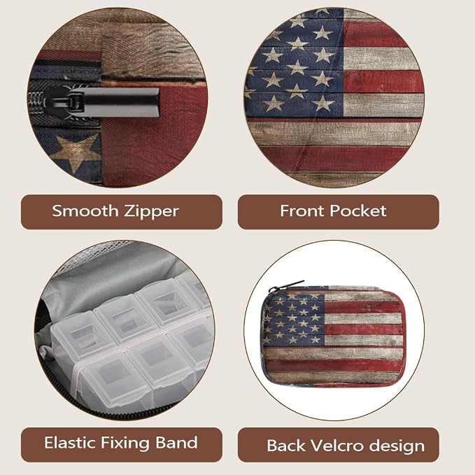 Weekly Pill Organizer Travel Size Bag with Removable 7 Day Pill Box Portable Vitamin Case Purse with Zipper,Wooden American Flag Pattern