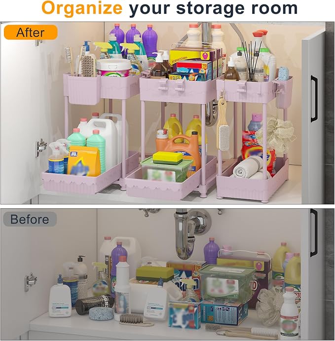3-Pack 2-Tier Under Sink Organizers with Sliding Drawers | Multi-use kitchen & bathroom storage, 12.8 inch pink cabinet organizer, space-saving sliding drawer design.