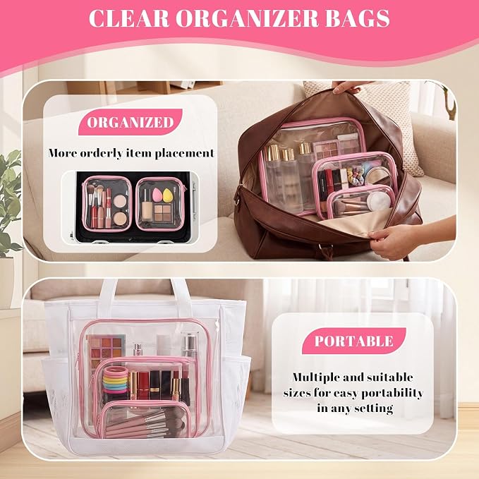 12 Pack Clear Hard Shell Zipper Case with 40 Labels, X-Large/Medium/Small Stackable Clear Pouches, Crush-resistant Travel Toiletry Bag Organizer for Makeup Board Games Electronics (Pink)