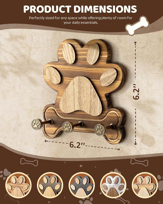 MTERSN Pine Wood Dog Leash Holder for Wall - Gift for Dog Lovers, Brown | 3D Dog Leash Hooks, Unique Dog Paw Shape Design, Ideal for Keys, Hats & Collars, 3 Wall Hooks, Key Holder for Cute Dog Stuff