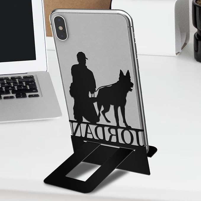 Personalized Man Police and Dog Cell Phone Holder, Custom Name Desk Stand, Metal Enforcement Dock, Tablet, Smartphone Stands, Gifts for Animal Lovers, Friends, Christmas