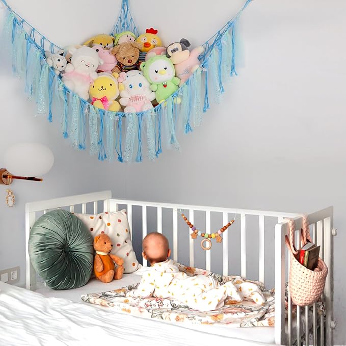 Stuffed Animal Hammock with LED Lights - 59 Inch Large Toy Storage Net for Kids Bedroom, Wall-Mounted Plush Organizer with Wooden Rings, Nursery Decor (Handwoven, Blue)