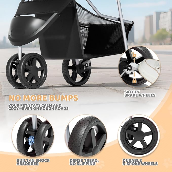 Magshion 3-Wheel Pet Stroller for Small/Medium Dog Cat, Up to 33lbs, Black | Foldable Travel Jogger w/ Breathable Mesh Cover, Lightweight Design, Safety Tethers, Cup Holder & Storage Basket