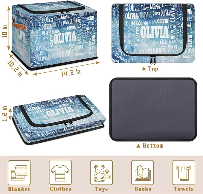 Personalized Storage Bins with Zipper Lid, Customized Name Storage Basket Rectangle Clothes Organizer for Organizing Kids and Pets Toys Shelf Closet, Watercolor Blue Starry Night