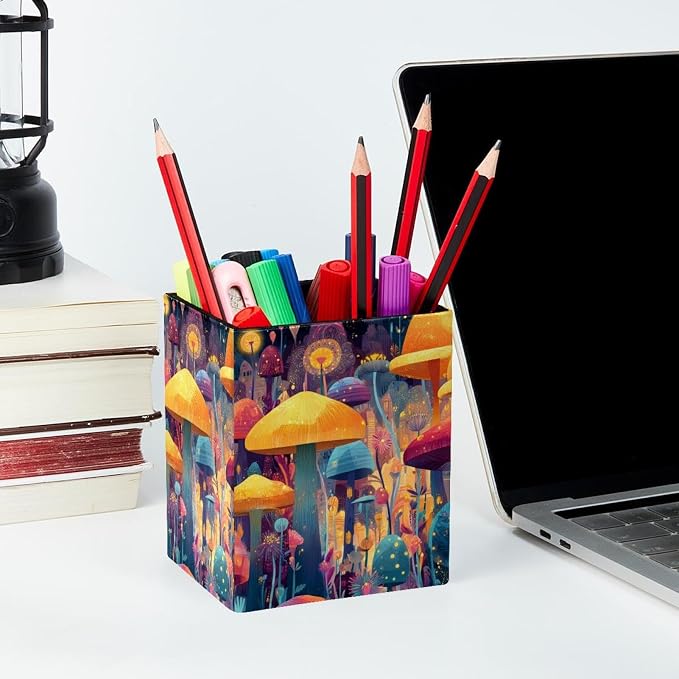 Mushroom Pen Holder for Desk Decor, Rectangular PVC Leather Pencil Cup for Desk Pen Organizer, Makeup Brush Holder for School, Home, Office