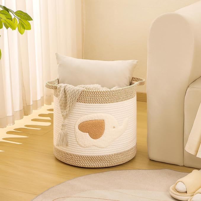 Large Blanket Baskets for Living Room Decor, Toy Storage Baskets 14" x 14" Woven Cotton Rope Storage Basket for Kids, Dog Toys Organizer Clothes Hamper with Embroidery for Nursery Laundry, Elephant
