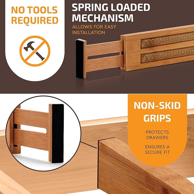 6-Pack Drawer Dividers 2.6-Inch High Dresser Drawer Organizer 16 to 22 Inch | Bamboo, Spring Loaded, No Tools Needed, Fits Wide Drawers for Socks, Clothes, Utensils, Bedroom, Bathroom, Kitchen, Office